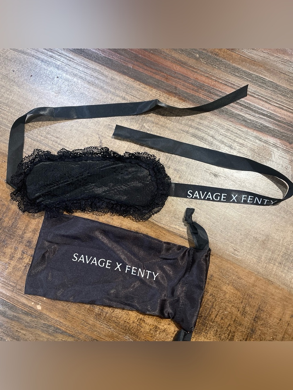 Savage X Fenty Black Lace Eye Mask with Branded Ribbon